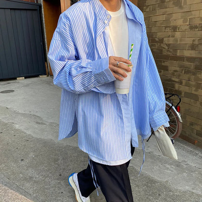 saferido Spring and Autumn new fashion casual collar shirt blue stripe Korean version loose shirt false two men long sleeves shirt