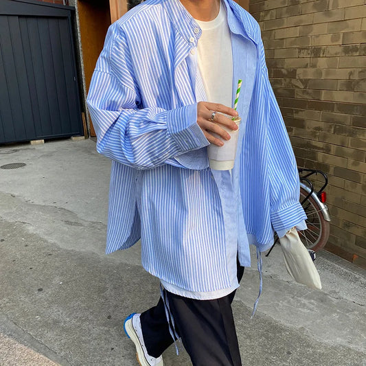 saferido Spring and Autumn new fashion casual collar shirt blue stripe Korean version loose shirt false two men long sleeves shirt