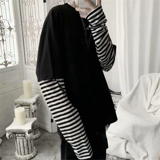 Cool Striped Patchwork T-Shirt Men Autumn Oversize Tops Boys Solid Long Sleeve T Shirt Fashion Japanese Gothic Japan T Shirt