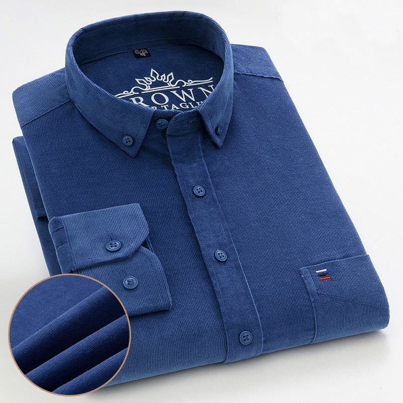 Plus Size S~7XL Corduroy Shirt Men Casual Long Sleeve Regular Fit Business Dress Shirts For Male Soft Leisur Comfortable Pocket