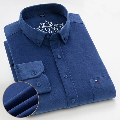 Plus Size S~7XL Corduroy Shirt Men Casual Long Sleeve Regular Fit Business Dress Shirts For Male Soft Leisur Comfortable Pocket