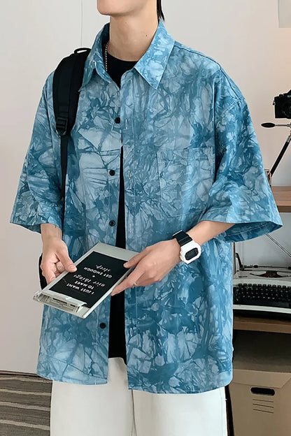 saferido HIP HOP Tie dyed ice silk 5-sleeve shirt men's spring summer ins design couple minority half sleeve drape shirt camisa masculina