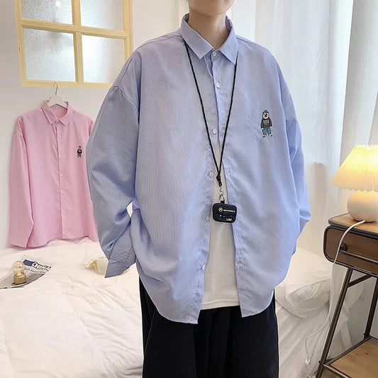 saferido Spring Fashion: Korean bear embroidered versatile striped long sleeve shirt couple shirts