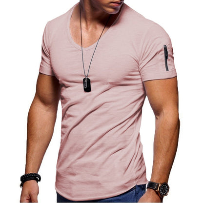 Men's V-neck T-shirt Fitness Bodybuilding T-shirt High Street Summer Short-Sleeved Zipper Casual Cotton Top