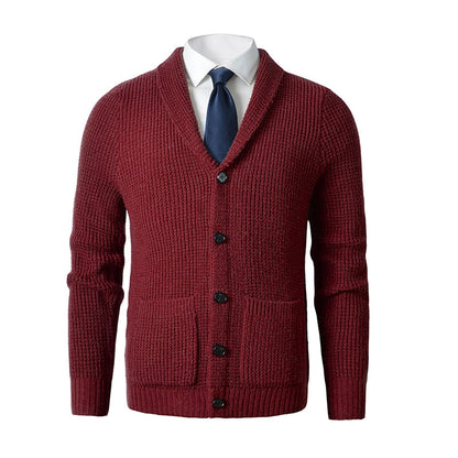 Men's Shawl Collar Cardigan Sweater Slim Fit Cable Knit Button up Merino wool Sweater with Pockets