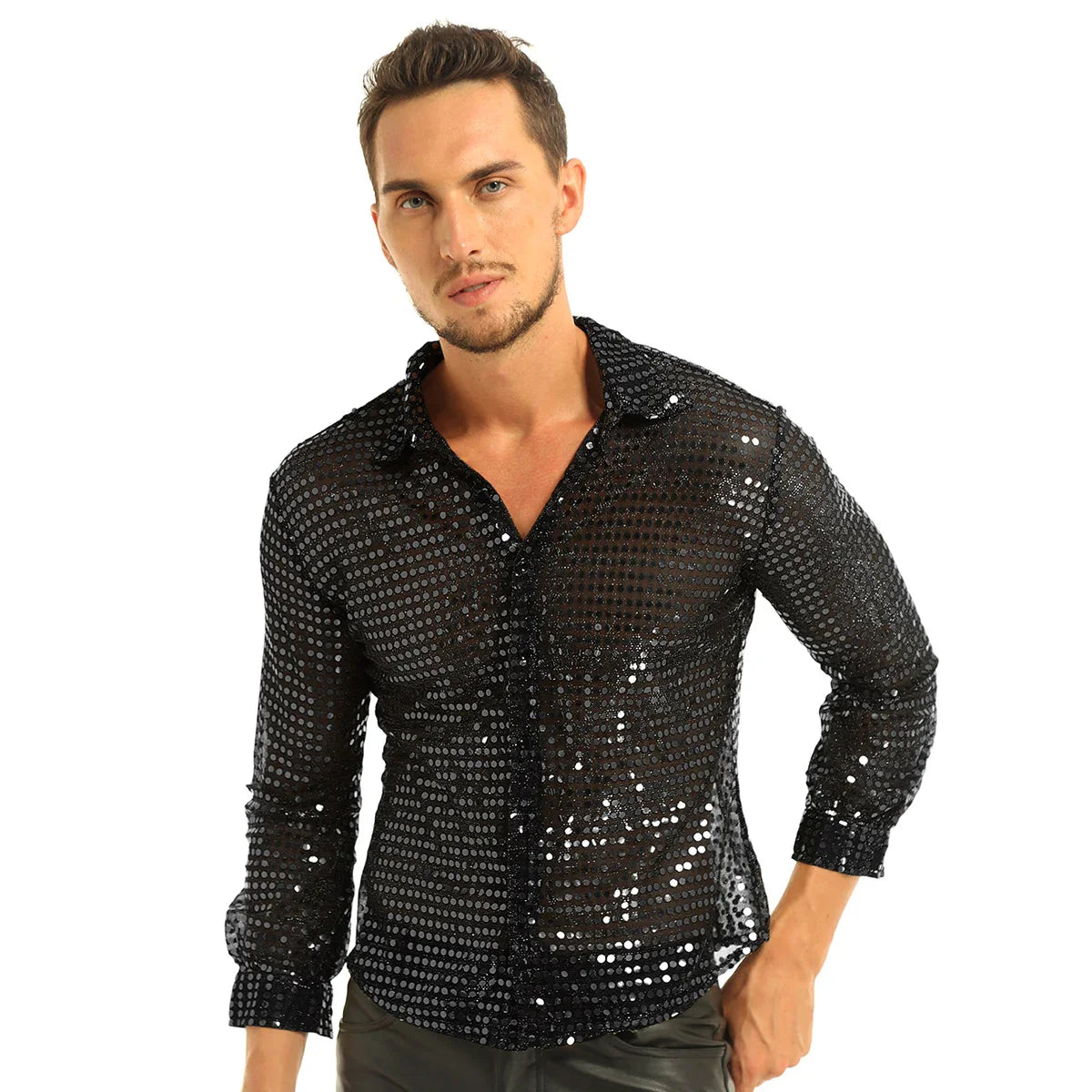 Men Casual Slim Fit Shiny Gold Sequins See Through Mesh Shirt Prom Tops Night Club Wear Disco Shirt Dance Performance Tops