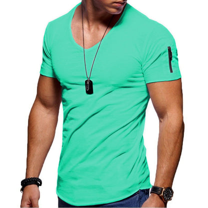 Men's V-neck T-shirt Fitness Bodybuilding T-shirt High Street Summer Short-Sleeved Zipper Casual Cotton Top