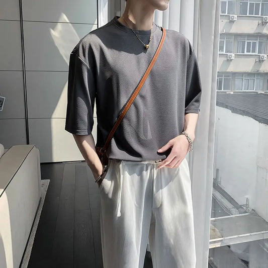 saferido Summer Men's Fashion Short Sleeve Tshirt British Style Solid Color T Shirts Round Neck Slim Fit T-shirt Clothes Tops M-XL