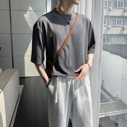 saferido Summer Men's Fashion Short Sleeve Tshirt British Style Solid Color T Shirts Round Neck Slim Fit T-shirt Clothes Tops M-XL