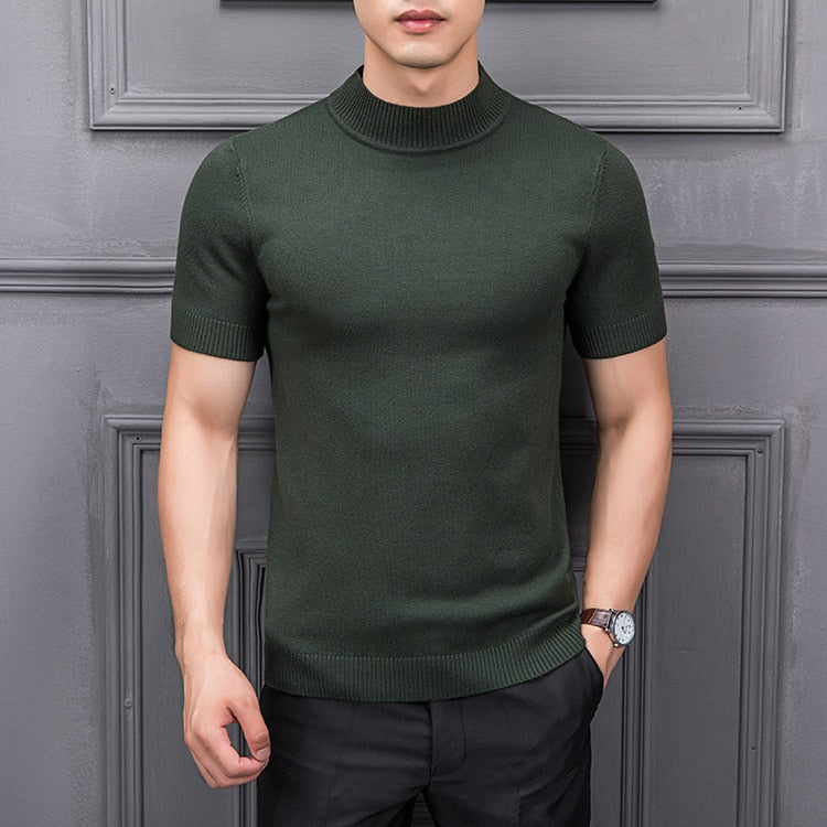 Brand New Autumn Men's Sweater Pure Color Semi-high Collar Knitting for Male Half-sleeved Sweaters Tops