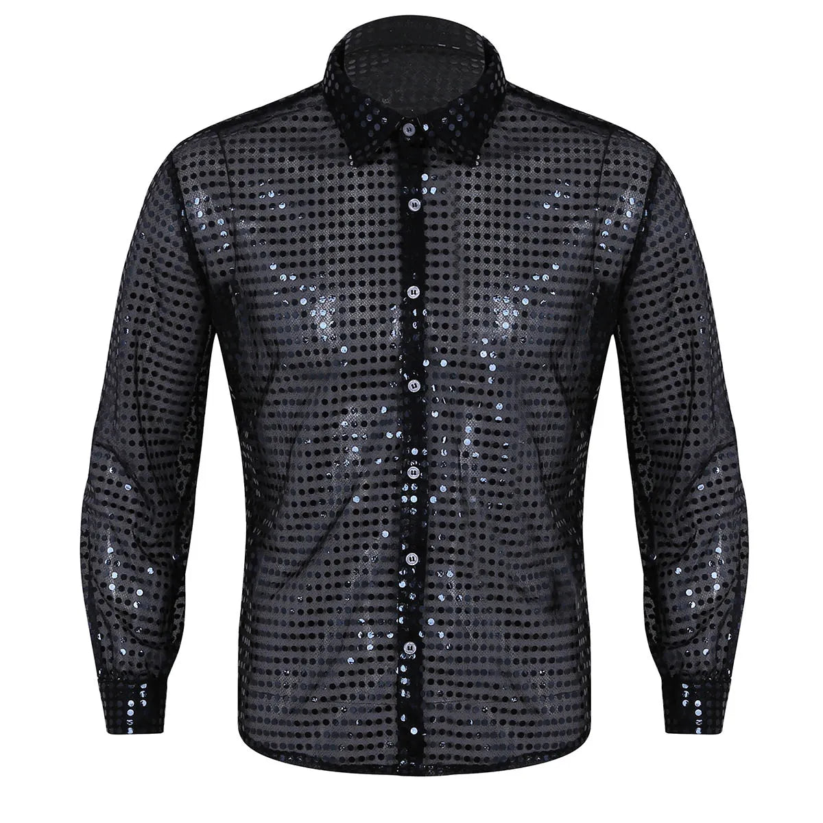 Men Casual Slim Fit Shiny Gold Sequins See Through Mesh Shirt Prom Tops Night Club Wear Disco Shirt Dance Performance Tops