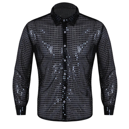Men Casual Slim Fit Shiny Gold Sequins See Through Mesh Shirt Prom Tops Night Club Wear Disco Shirt Dance Performance Tops