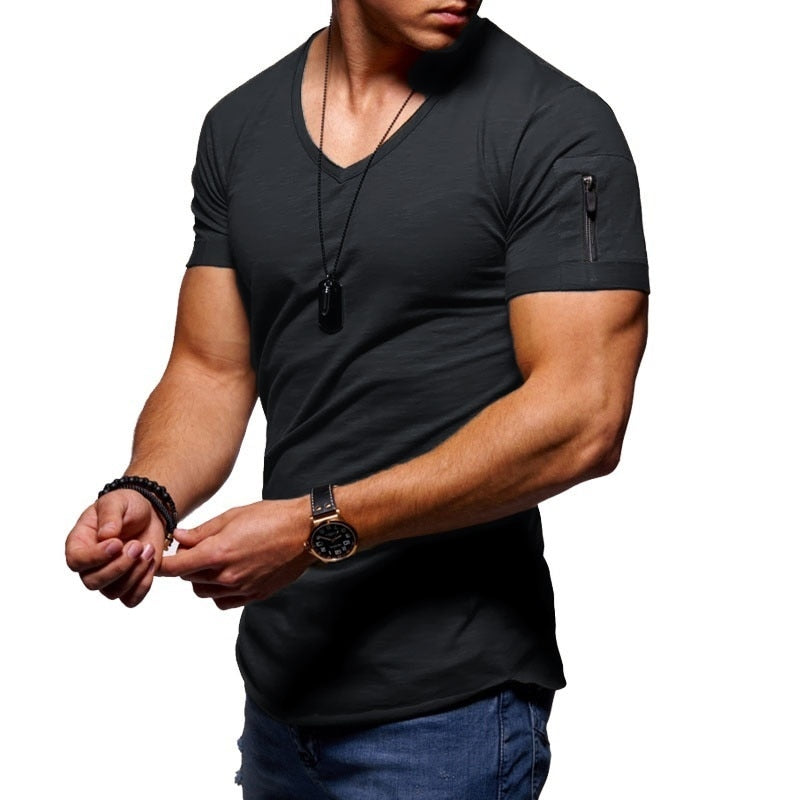 Men's V-neck T-shirt Fitness Bodybuilding T-shirt High Street Summer Short-Sleeved Zipper Casual Cotton Top