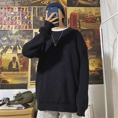 Winter Ribbed Pullovers Men Cozy Loose O-neck Solid Sweaters Couples Knitted Retro Warm Long Sleeve Korean Style Teens Jumpers