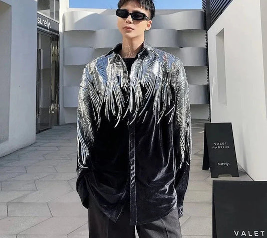 Embroidery Sequin Velvet Fashionable Temperament Men's Long Sleeve Shirts Lapel Personal Design Oversized Tops 9Y6658