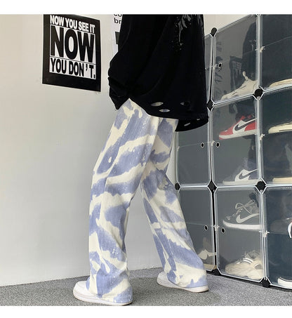 Blue Black Tie-dye Jeans Men Fashion Print Casual Baggy Jeans Mens Streetwear Loose Hip-hop Straight Denim Trousers Men M-2XL