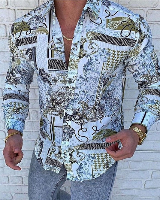 Men's patchwork printed casual shirt Street decoration body Color long sleeve shirt top Men's autumn silk digital printed shirt