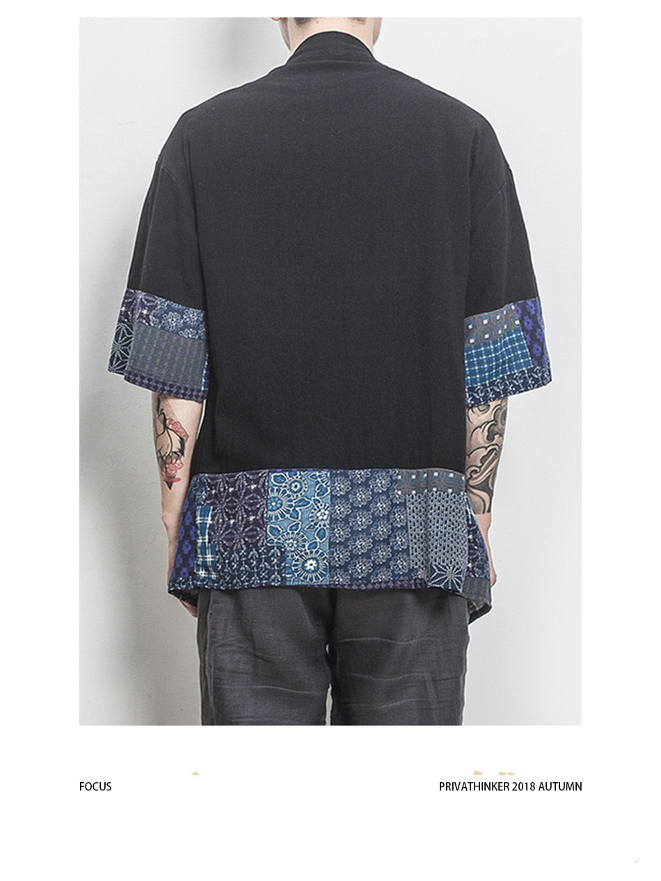 Men Color Block Kimono Black Shirts  Mens Fashions Casual Summer Shirts Male Designer Vintage Shirt Plus Size