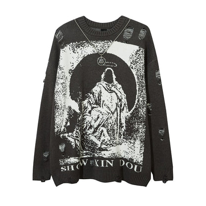 Harajuku Printed Knitwears Women Streetwear Hip Hop Destroyed Hole Ripped Pullovers Jumper Oversized Men