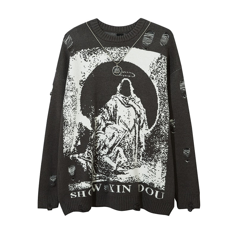 Harajuku Printed Knitwears Women Streetwear Hip Hop Destroyed Hole Ripped Pullovers Jumper Oversized Men