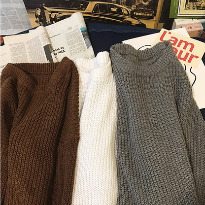 Winter Ribbed Pullovers Men Cozy Loose O-neck Solid Sweaters Couples Knitted Retro Warm Long Sleeve Korean Style Teens Jumpers