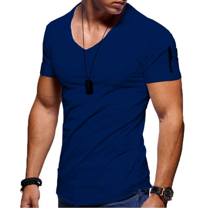Men's V-neck T-shirt Fitness Bodybuilding T-shirt High Street Summer Short-Sleeved Zipper Casual Cotton Top