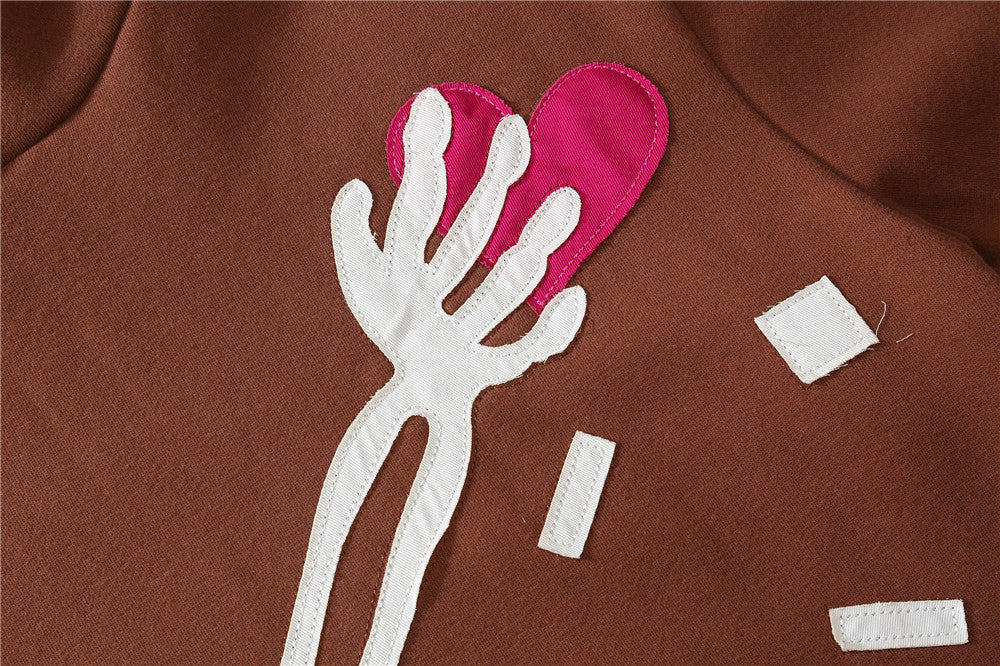Embroidery Skull Heart Patchwork Brown Cotton Hoodies Men Harajuku Sweatshirt Fleece Punk Hooded Pullover Vintage Clothes