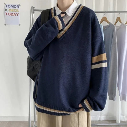 saferido Spring Autumn DK Uniform Sweater Men's Preppy Style V-neck Pullover Thick Navy Blue Cotton Winter Fashion Men Warm Clothes Coat