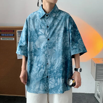 saferido HIP HOP Tie dyed ice silk 5-sleeve shirt men's spring summer ins design couple minority half sleeve drape shirt camisa masculina