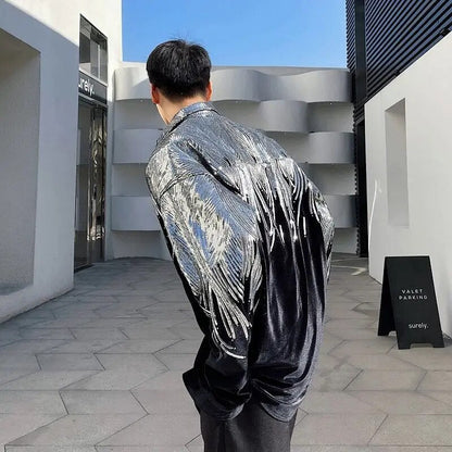 Embroidery Sequin Velvet Fashionable Temperament Men's Long Sleeve Shirts Lapel Personal Design Oversized Tops 9Y6658