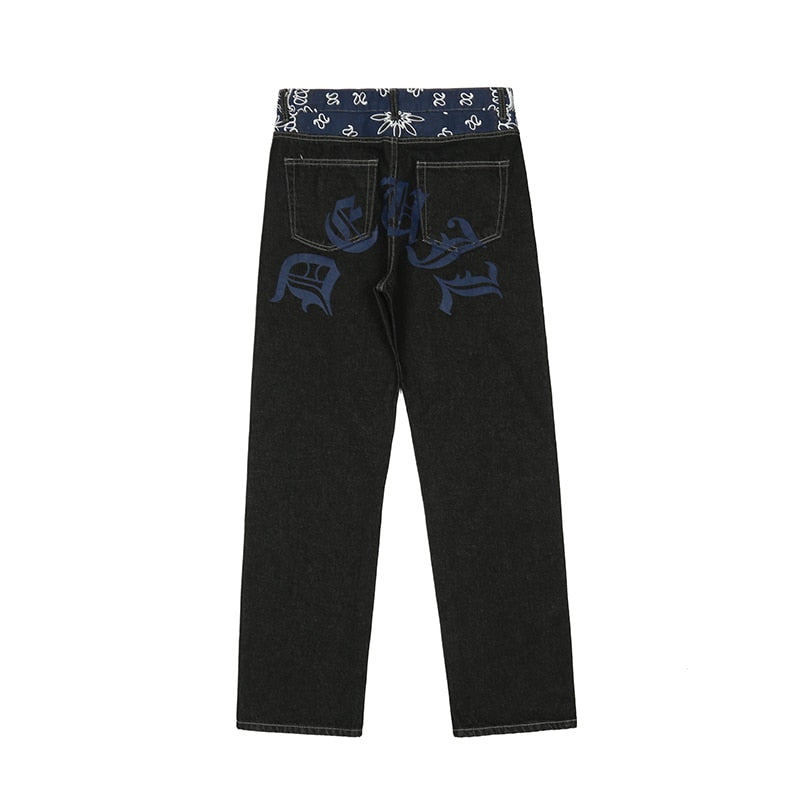 Waist Cashew Print Letter Pactchwork Ripped Jeans Pants Mens Streetwear Straight Washed Retro Oversized Casual Denim Trousers
