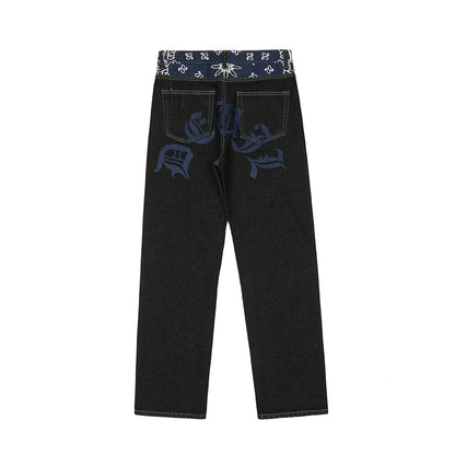 Waist Cashew Print Letter Pactchwork Ripped Jeans Pants Mens Streetwear Straight Washed Retro Oversized Casual Denim Trousers
