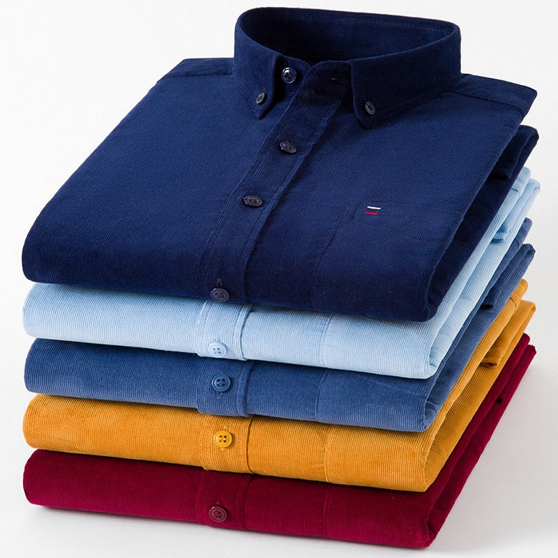 Plus Size S~7XL Corduroy Shirt Men Casual Long Sleeve Regular Fit Business Dress Shirts For Male Soft Leisur Comfortable Pocket
