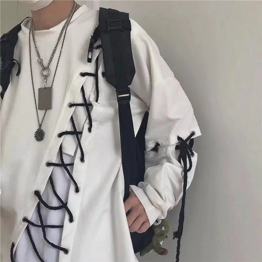 Japanese Fashion Men`s Street Style Lace Hoodie Punk Loose Fit Pullover Designer Colorful Hip Hop Sweatshirts