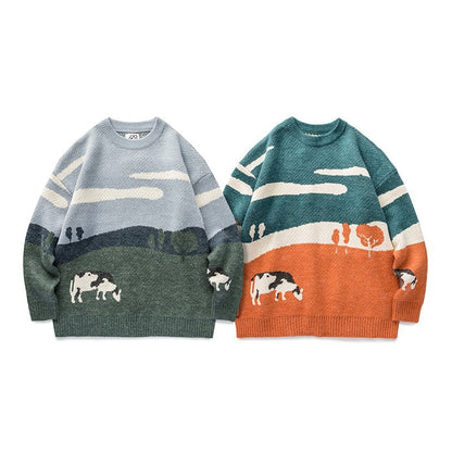 Men Cows Vintage Winter Sweaters Pullover Mens O-Neck Korean Fashions Sweater Women Casual Harajuku Clothes