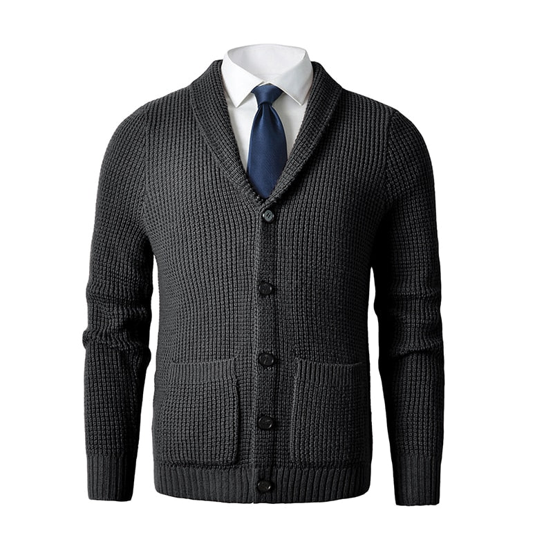 Men's Shawl Collar Cardigan Sweater Slim Fit Cable Knit Button up Merino wool Sweater with Pockets