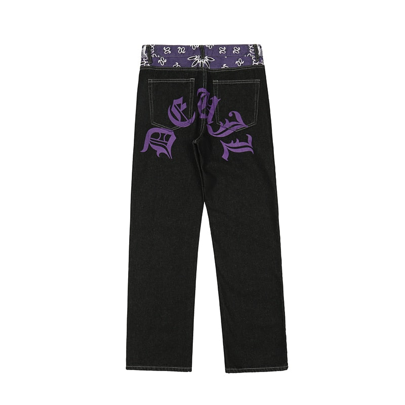 Waist Cashew Print Letter Pactchwork Ripped Jeans Pants Mens Streetwear Straight Washed Retro Oversized Casual Denim Trousers