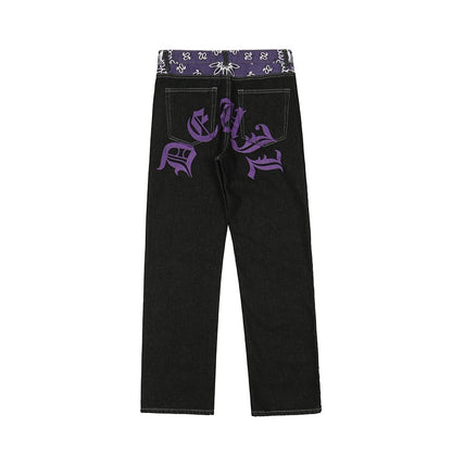 Waist Cashew Print Letter Pactchwork Ripped Jeans Pants Mens Streetwear Straight Washed Retro Oversized Casual Denim Trousers