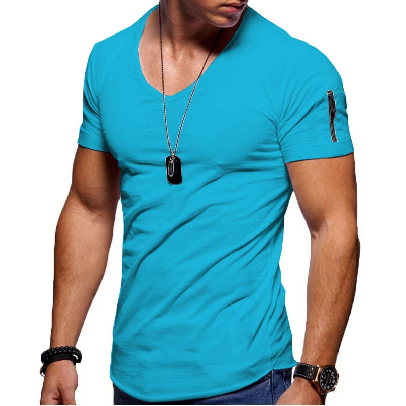 Men's V-neck T-shirt Fitness Bodybuilding T-shirt High Street Summer Short-Sleeved Zipper Casual Cotton Top