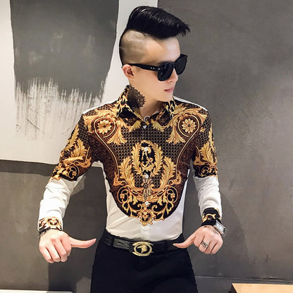 Luxury Paisley Black Gold Printed Shirt Men's Royal Club Clothing Korean Men's Long Sleeve Slim Long Sleeve Shirt Tuxedo Shirt