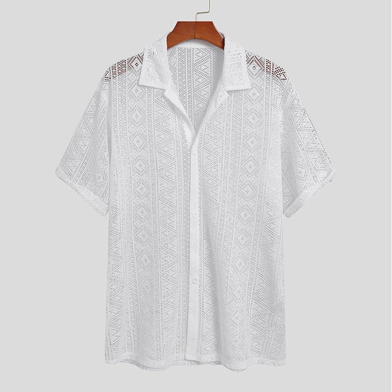 Men Shirt Mesh See Through Lapel Sexy Short Sleeve Lace Button Camisas Streetwear Party Nightclub Men Clothing