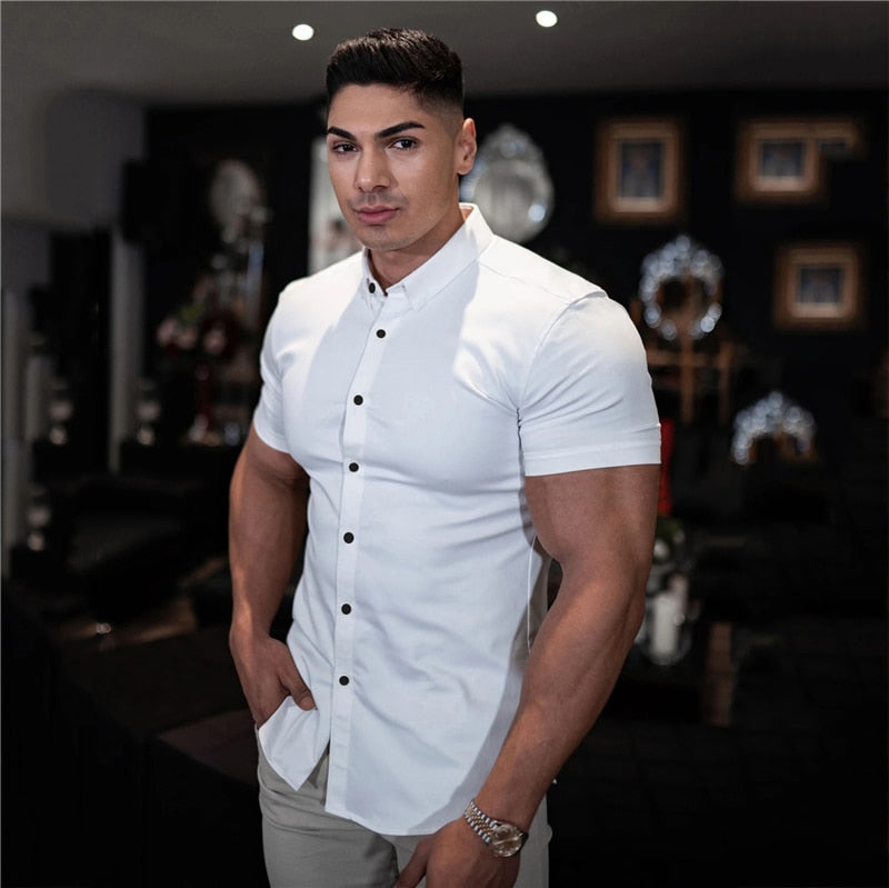 Men Fashion Casual Short Sleeve Solid Shirt Super Slim Fit Male Social Business Dress Shirt Brand Men Fitness Sports Clothing
