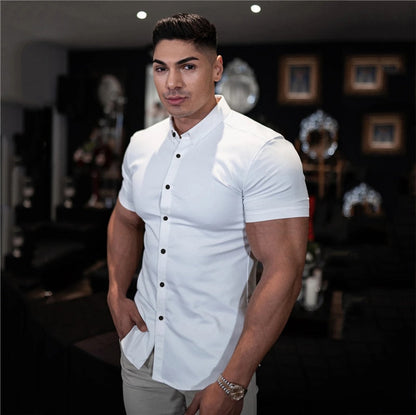 Men Fashion Casual Short Sleeve Solid Shirt Super Slim Fit Male Social Business Dress Shirt Brand Men Fitness Sports Clothing