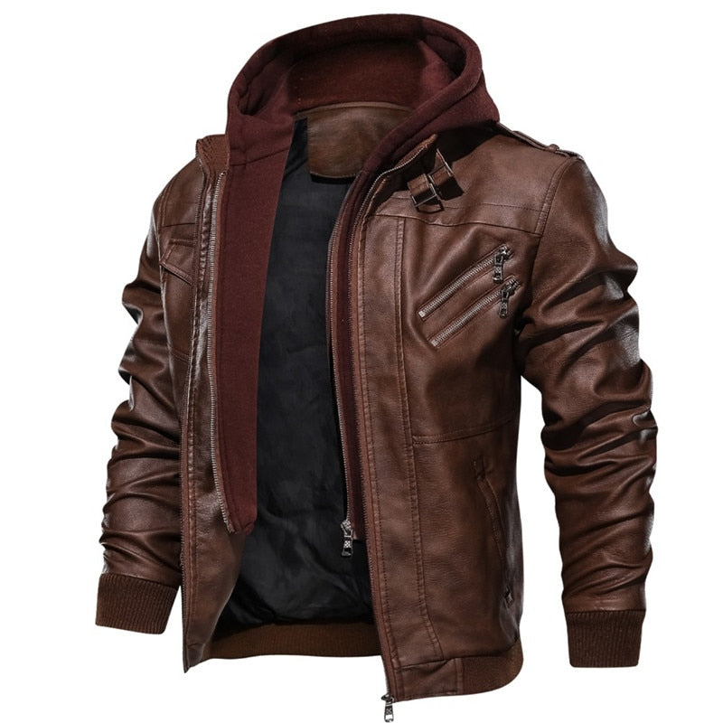 New Autumn Winter Men's Leather Motorcycle Jacket PU Leather Hooded Jacket Warm Baseball Jacket Euro Size Coat