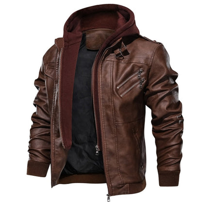 New Autumn Winter Men's Leather Motorcycle Jacket PU Leather Hooded Jacket Warm Baseball Jacket Euro Size Coat