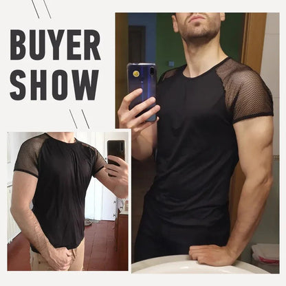 Fashion Men T Shirt Mesh Patchwork Streetwear Crew Neck Short Sleeve Casual Tee Tops Sexy Breathable Camisetas 5XL