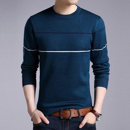 Autumn Men's Knitted Sweater T Shirt Comfy O Neck Long Sleeve Pullover Stripe Patchwork Jumper Casual Bottoming Shirt for Winter