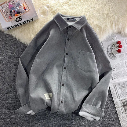 Corduroy Fleece Thicken Mens Autumn Winter Shirts Loose Warm Long Sleeve Casual Blouse Fashion Male Cardigan