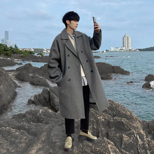 saferido Long Dust Coat Men Winter Korean-style Trench Mens Solid Double Breasted Woolen Cloth Coat Loose Casual Trenchcoat Outwear