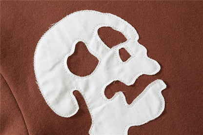 Embroidery Skull Heart Patchwork Brown Cotton Hoodies Men Harajuku Sweatshirt Fleece Punk Hooded Pullover Vintage Clothes